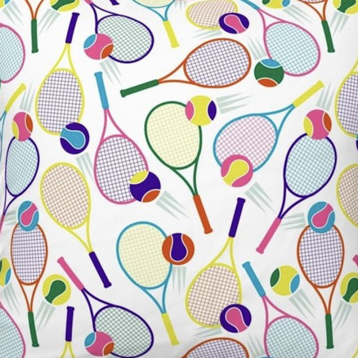 Tennis Rackets and Balls in Pink Red Grape Purple Neon Yellow Orange Aqua Green Navy on white background