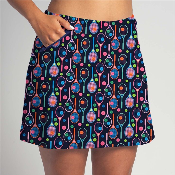 Zipper Pocket Skort - Bright Tennis Rackets on Navy