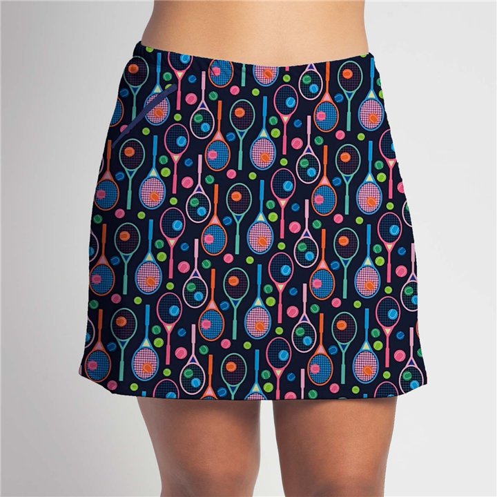 Zipper Pocket Skort - Bright Tennis Rackets on Navy