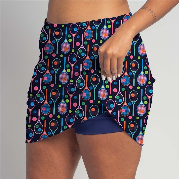 Zipper Pocket Skort - Bright Tennis Rackets on Navy