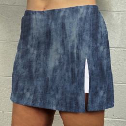 Side Slit Zipper Pocket Skort - Distressed Denim front view