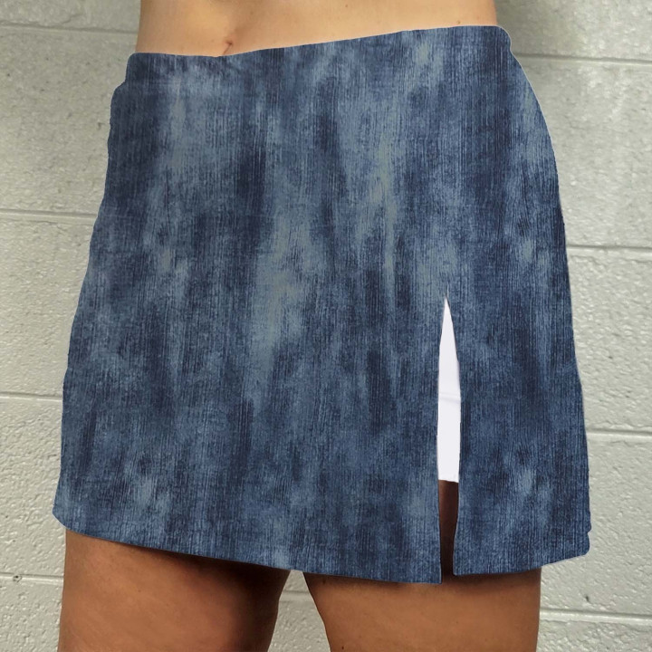 Side Slit Zipper Pocket Skort - Distressed Denim front view