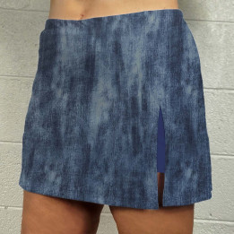 Side Slit Zipper Pocket Skort - Distressed Denim front view