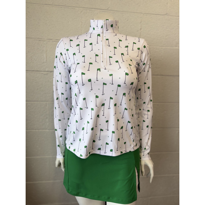 Long Sleeve Collared 3/4 Zip Front - Green Pins on White