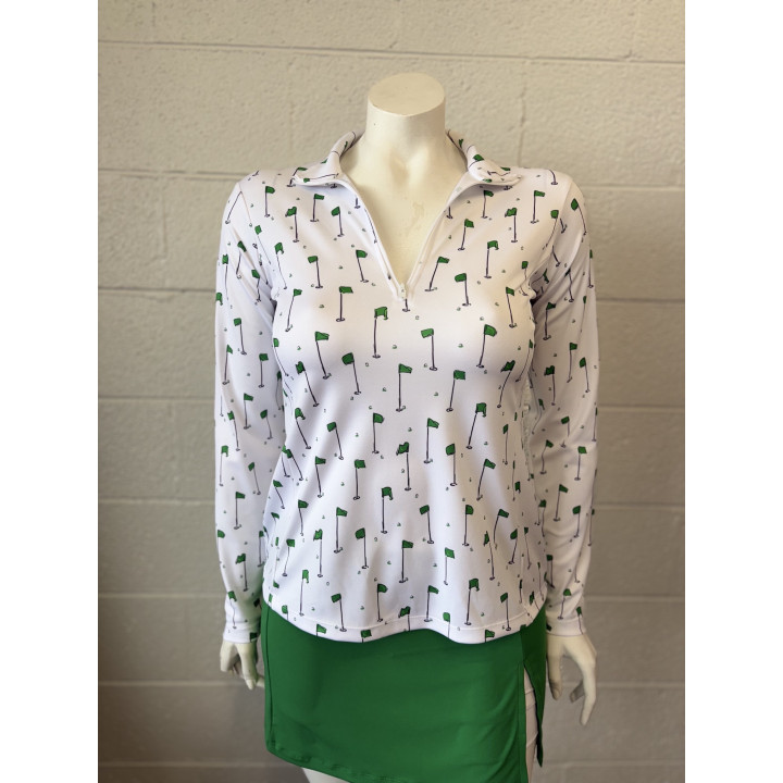 Long Sleeve Collared 3/4 Zip Front - Green Pins on White