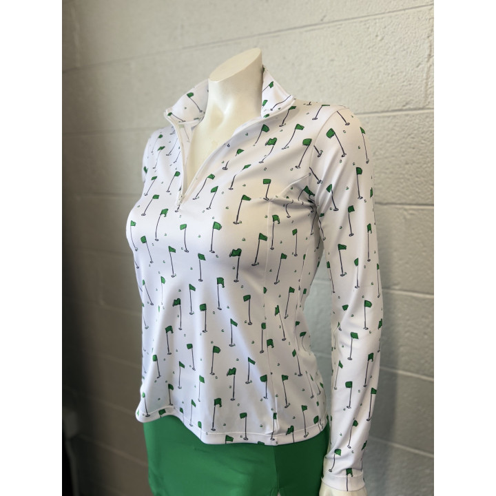 Long Sleeve Collared 3/4 Zip Front - Green Pins on White