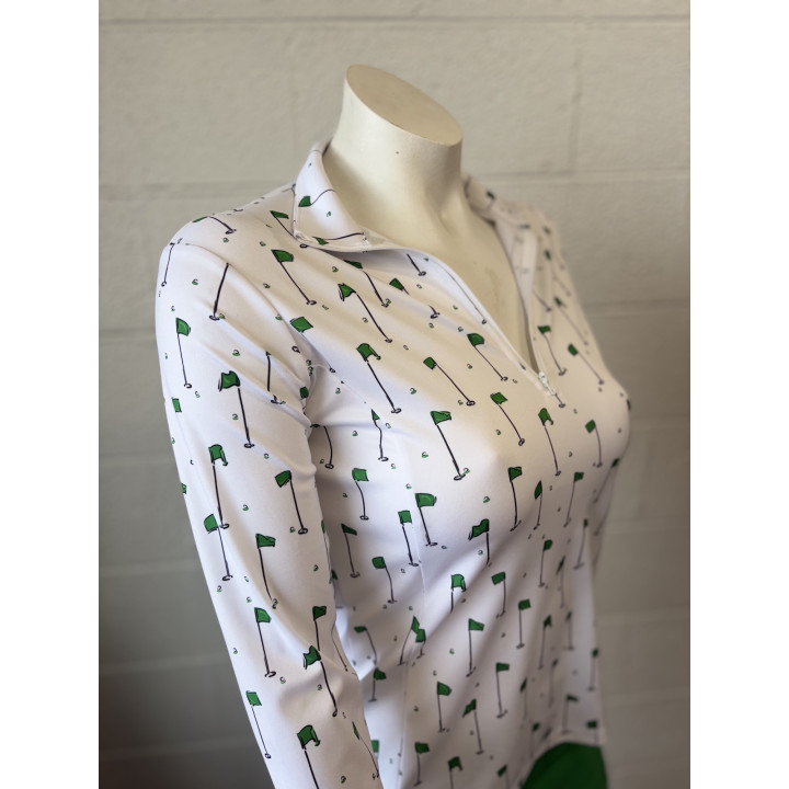 Long Sleeve Collared 3/4 Zip Front - Green Pins on White